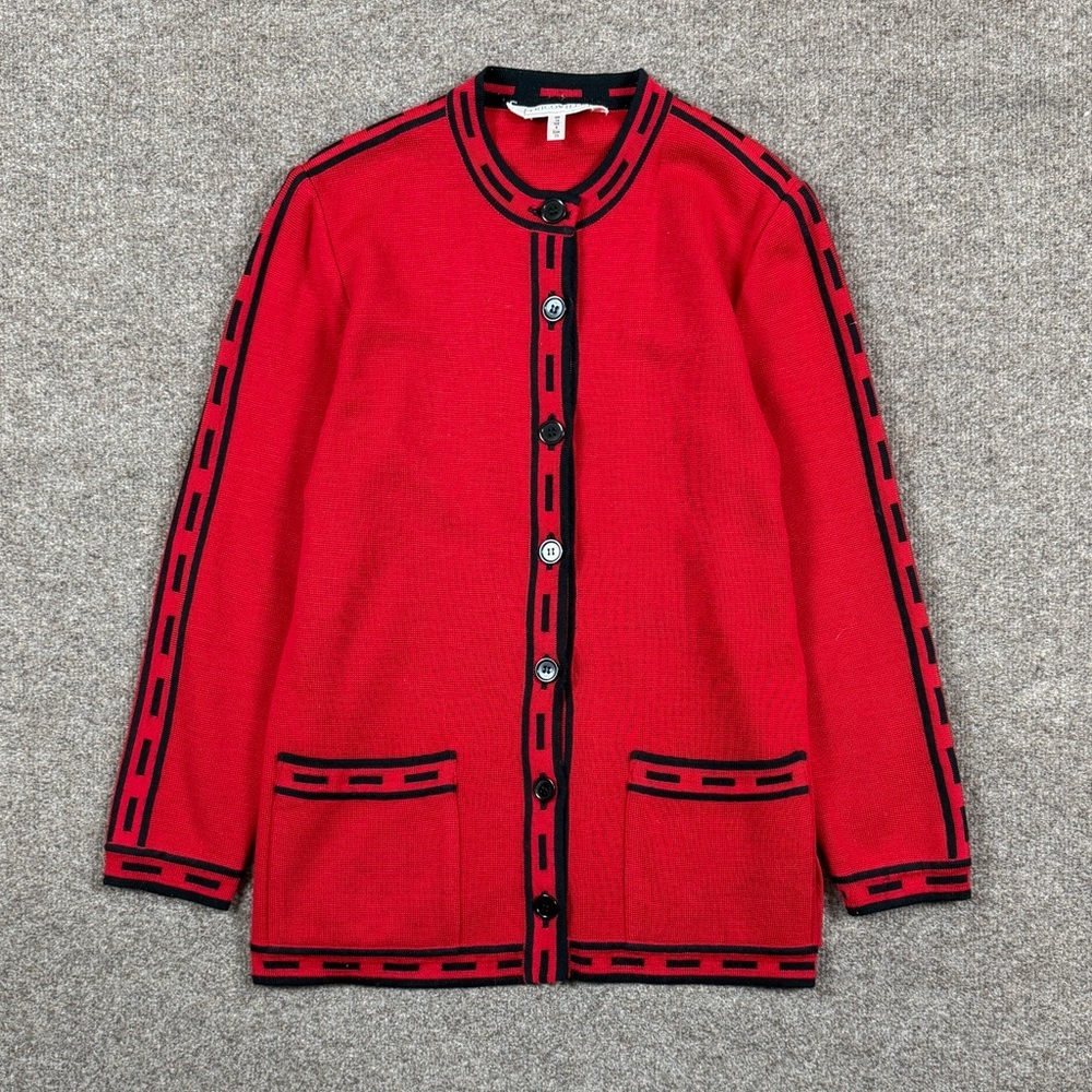 Vintage Tricoville Red Wool Blend Cardigan Sweater Women’s 8 Medium Black Trim